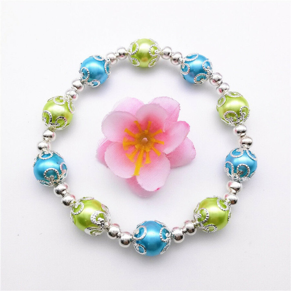 Silver Blue Green Pearl Stretch Bead Bracelet 10mm - Picture 3 of 3